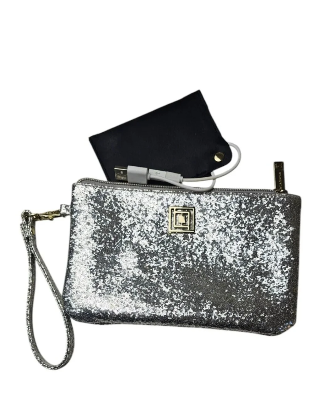 Liz Claborne Silver Glitter Wrist Wallet Phone Charger Battery USB Adapters Club